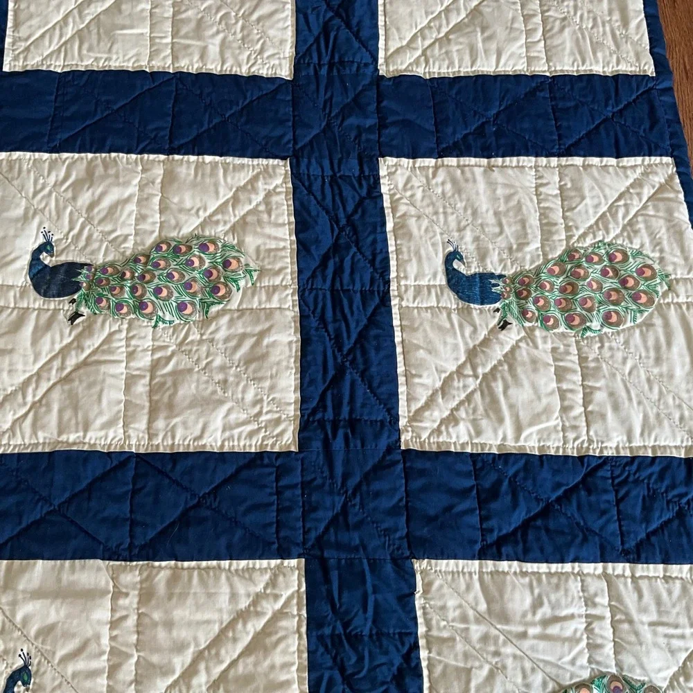 Vintage Style Peacock Applique Hand Quilted Navy Blue White Cotton Quilt Blanket